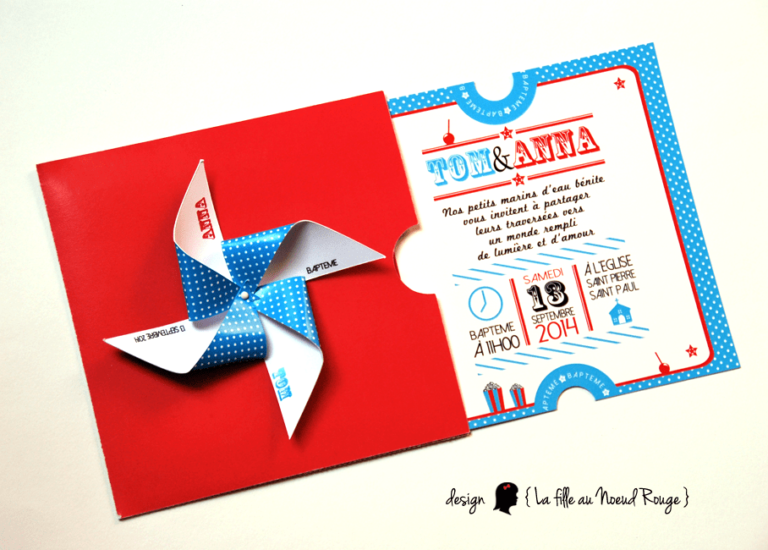 invitation baptême fête foraine moulin à vent rouge bleu