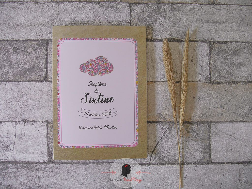 La fille au Nœud Rouge - décoration papeterie baptême fille liberty champêtre kraft rose nuage couverture livret de messe