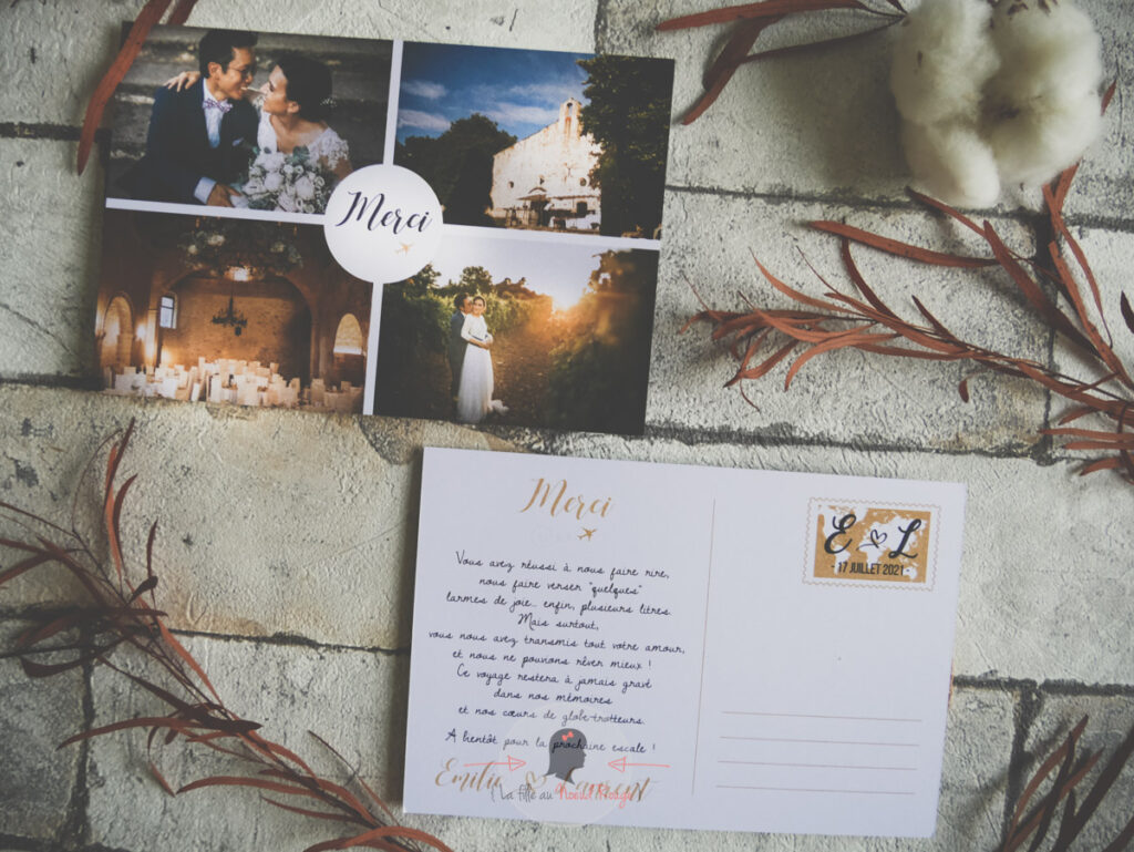 Faire part remerciement mariage voyage carte postale photo kraft