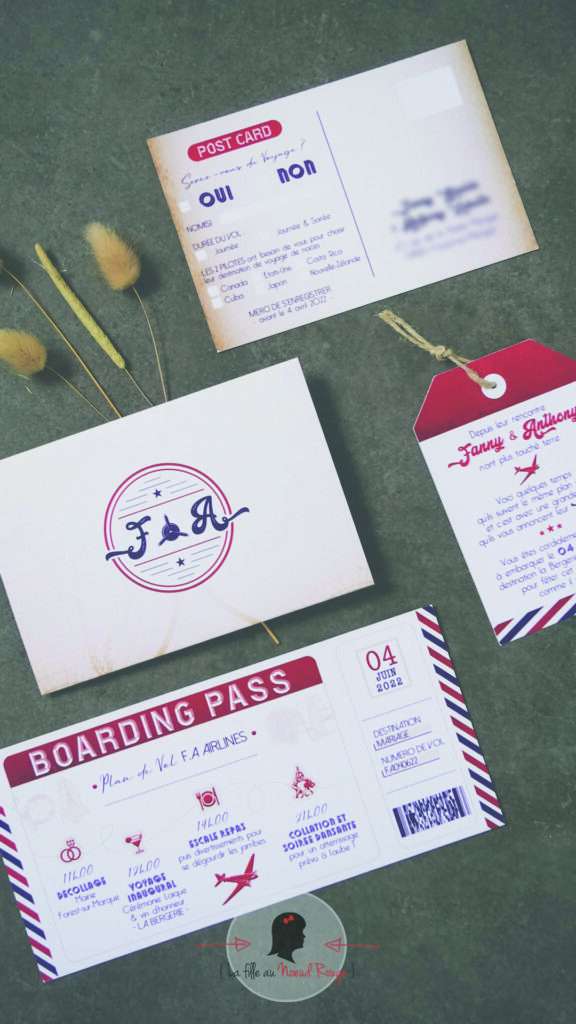 Faire-part mariage voyage vintage rouge bleu original sur mesure 1