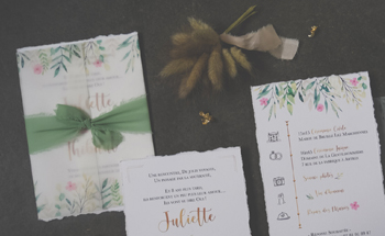 Collection faire part mariage champêtre bohème chic eucalyptus fleur rose