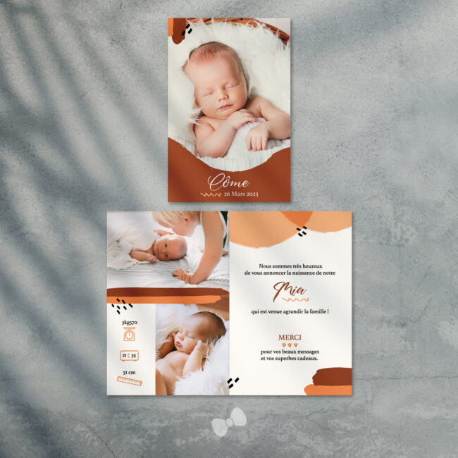 Faire part naissance personnalisé fille garçon terracotta minimaliste
