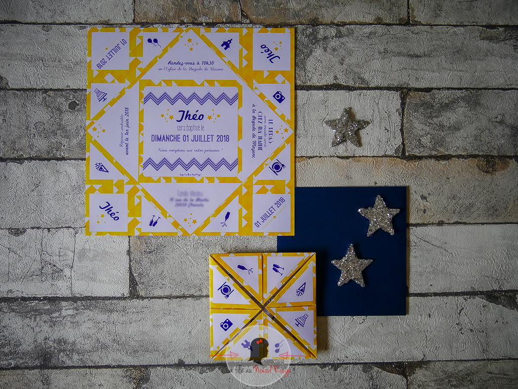 La fille au Noeud rouge - faire-part baptême jaune bleu cocotte papier design original-39