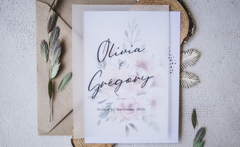 Faire-part mariage champêtre raffiné fleur rose feuilles eucalyptus 2