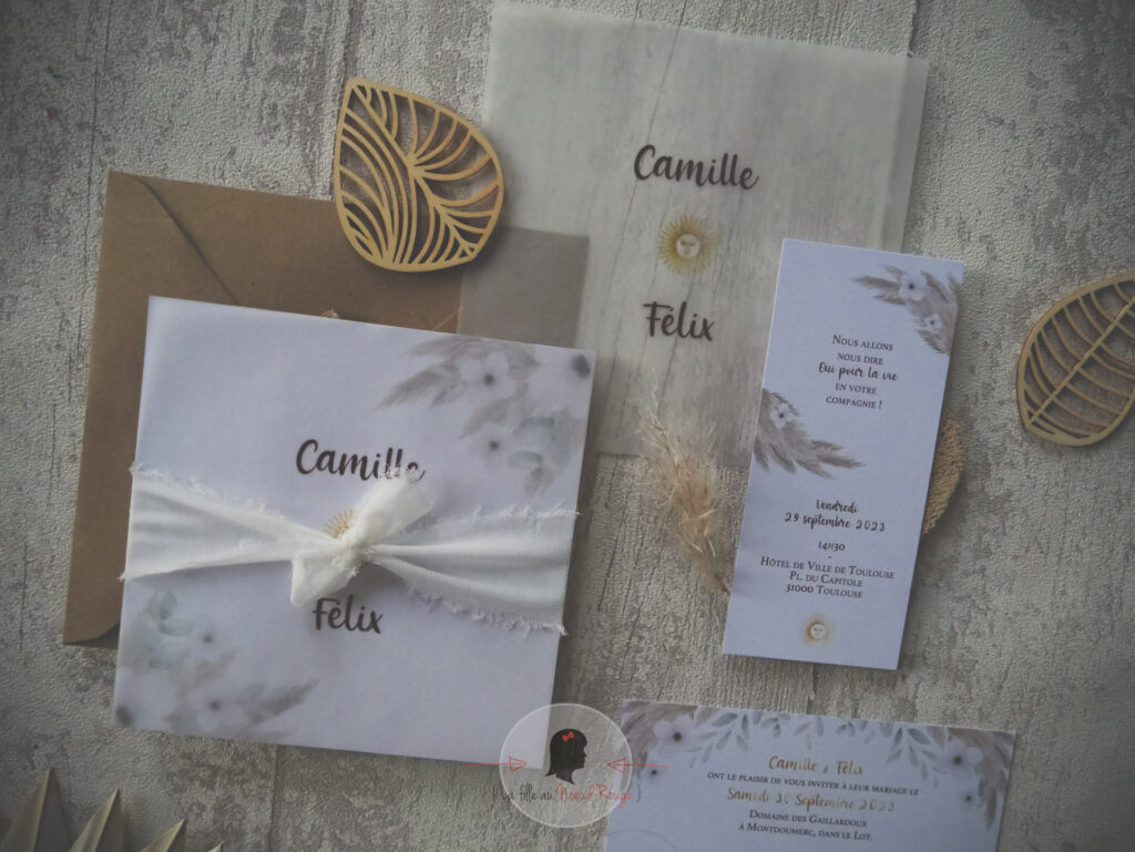 Faire-part mariage sur mesure minimaliste fleur blanche papier calque moderne 2