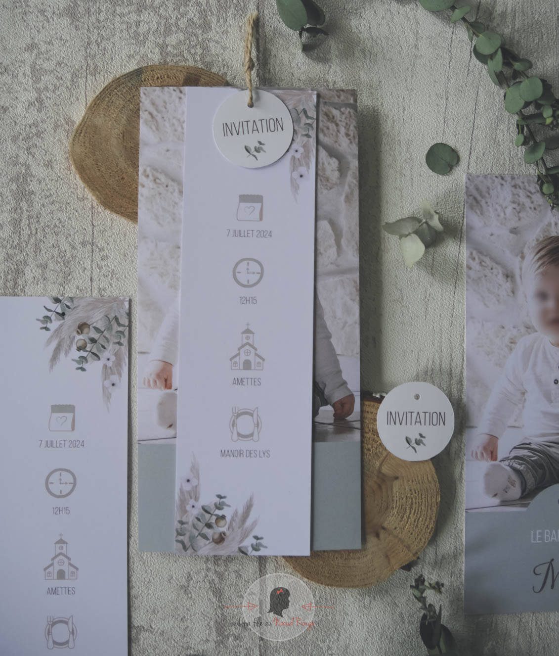 Faire part baptême vert sauge beige fleur séchée pampa 2