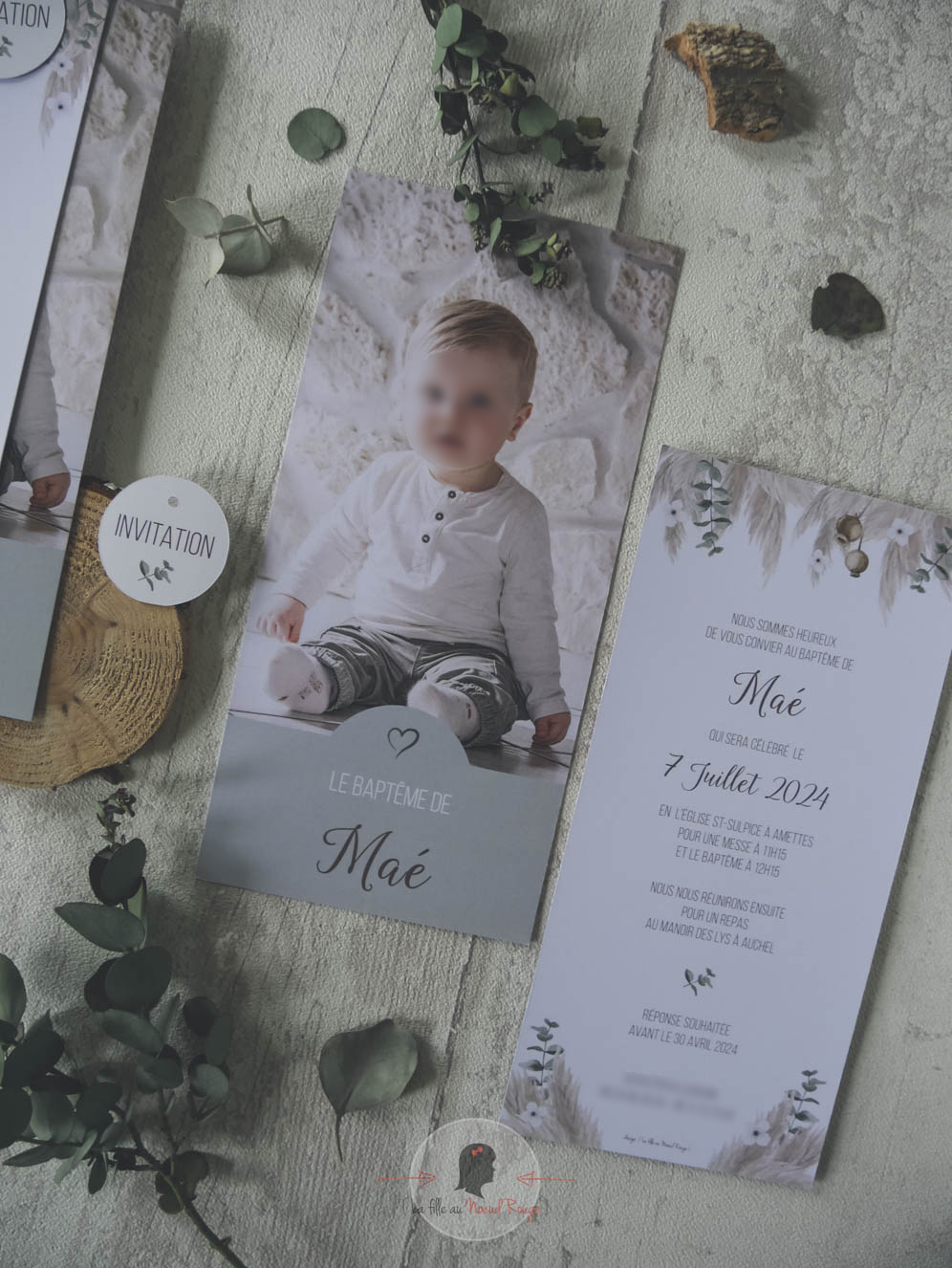 Faire part baptême vert sauge beige fleur séchée pampa 3