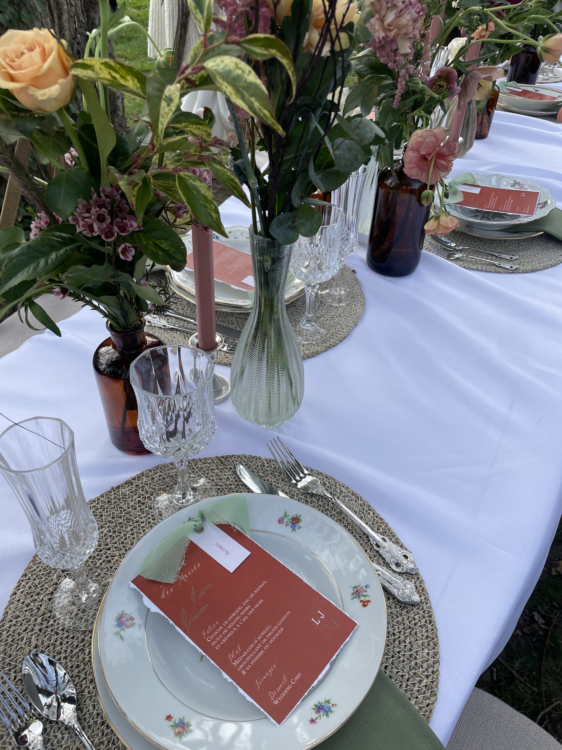 Menu marque-place mariage bohème bucolique rose poudrée vert sauge 3