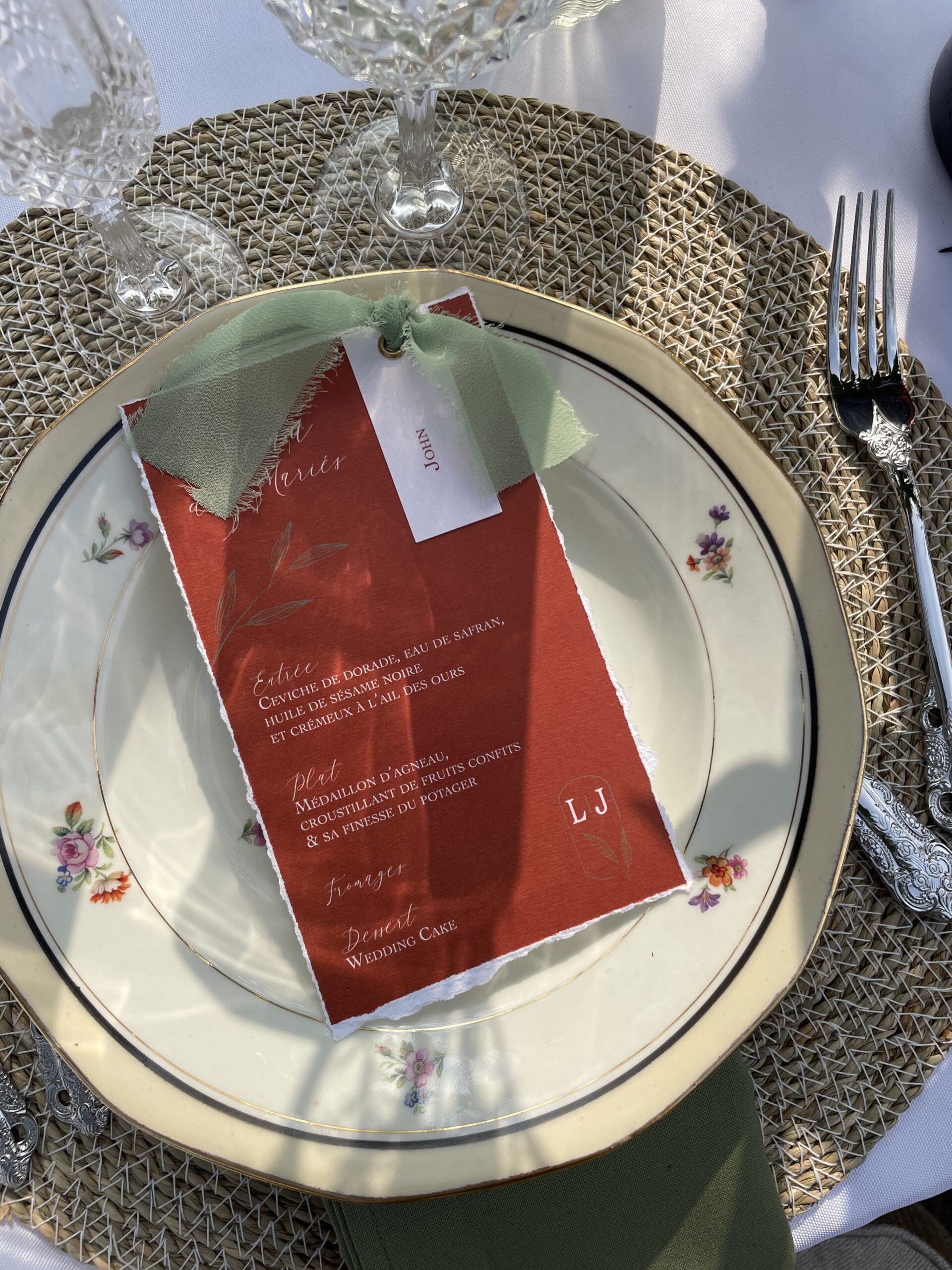 Menu marque-place mariage bohème bucolique rose poudrée vert sauge 4